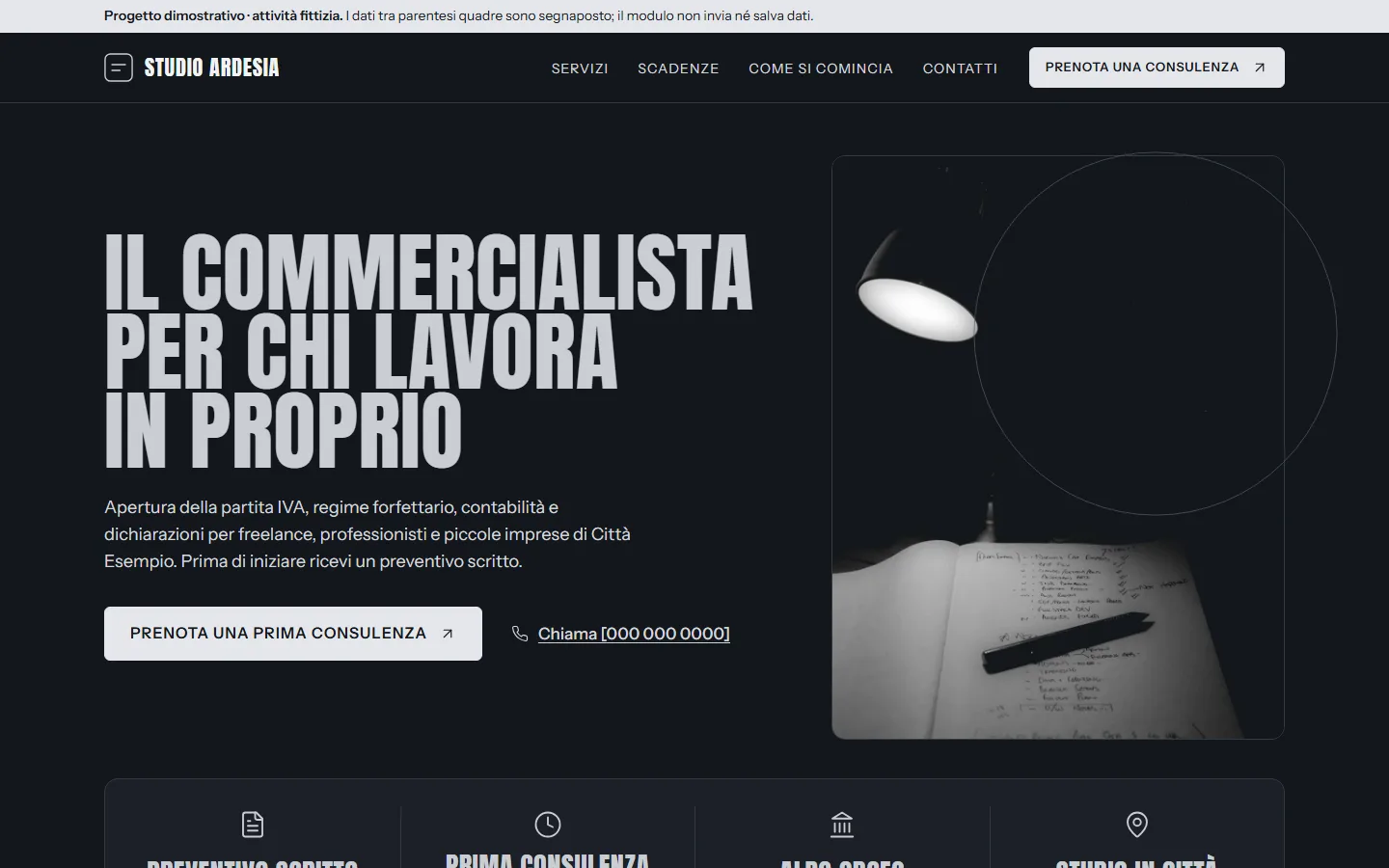 Versione desktop della demo Studio Ardesia: fondo blu-ardesia scuro, titolo condensato in maiuscolo color argento Il commercialista per chi lavora in proprio, foto in bianco e nero di una scrivania e pulsante chiaro Prenota una prima consulenza.