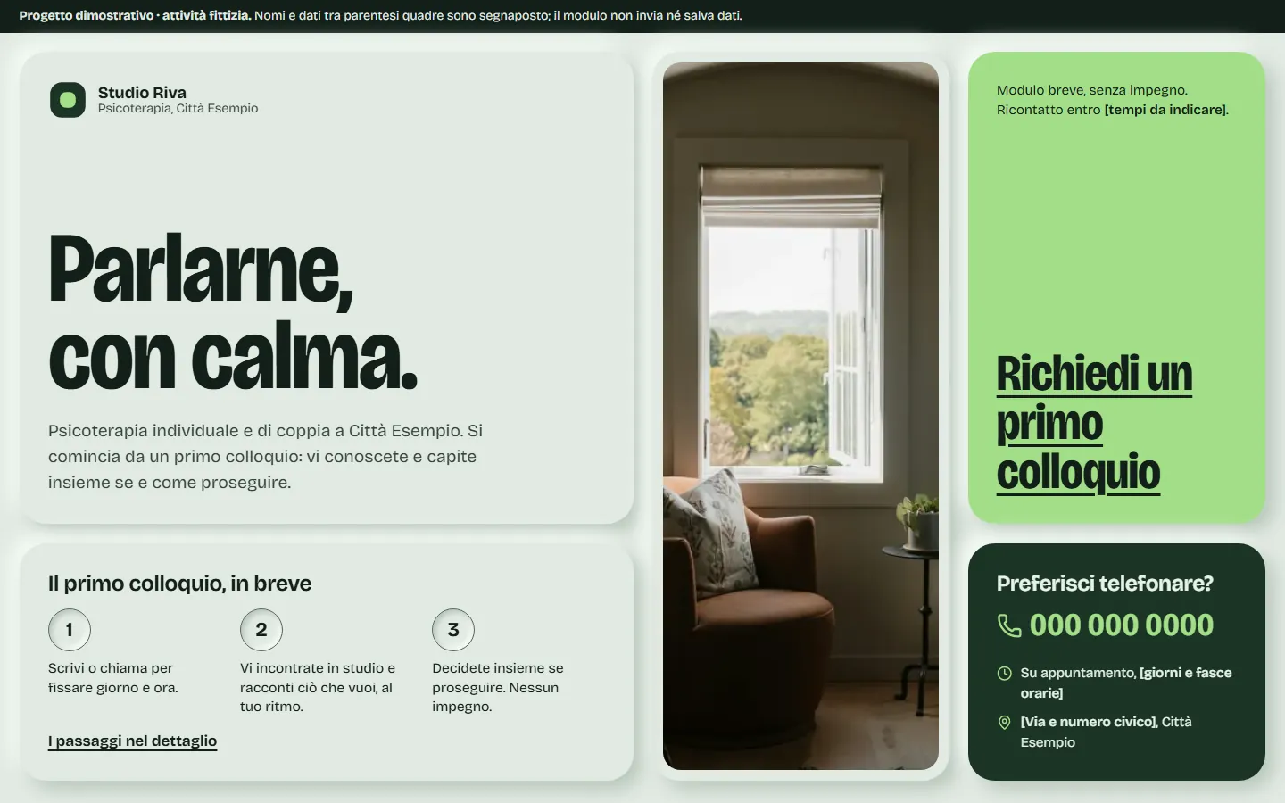 Versione desktop: titolo a sinistra su fondo carta, a destra un disco in rilievo con un cerchio verde salvia che si espande al ritmo di un respiro lento, menu e pulsante Richiedi un colloquio in alto.